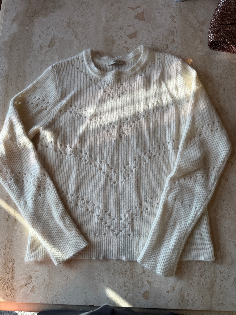 Cream Openwork Knit Crewneck Sweater